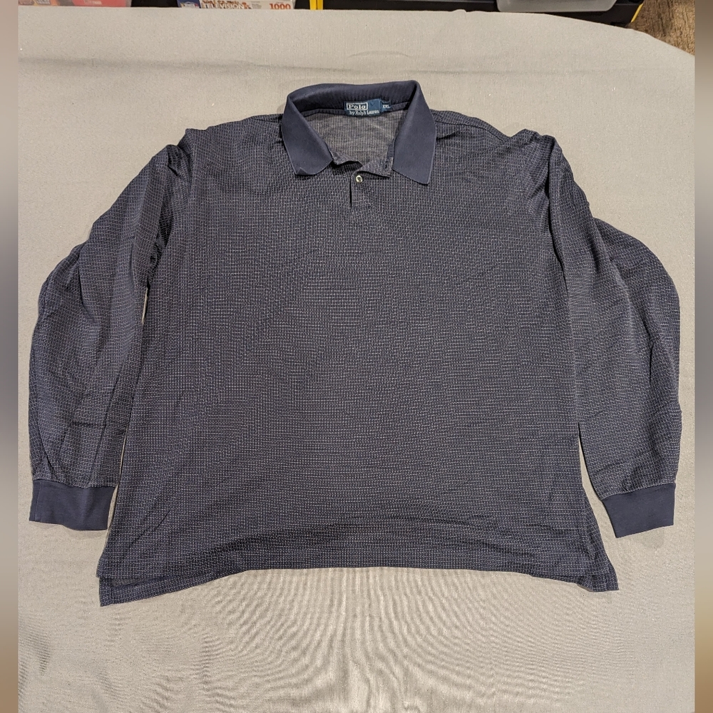 Men's Polo by Ralph Lauren Long Sleeve Cotton Shirt Dark Blue Grid Patterned 2XL